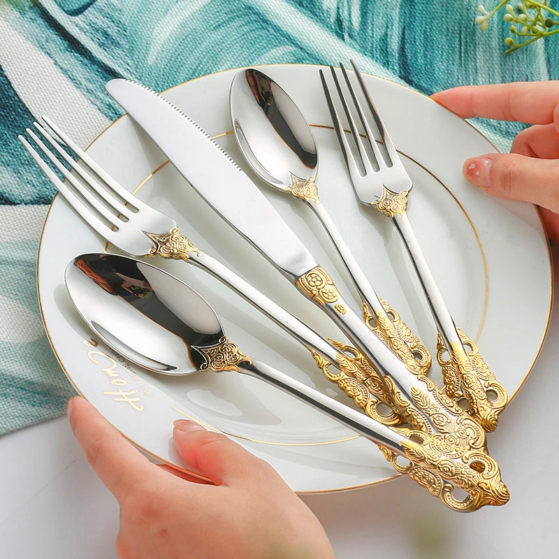 

Luxery Gold Cutlery Set Vintage Dinnerware Set 18/10 Stainless Steel Silver Flatware Knife Fork and Spoon Drop Shipping