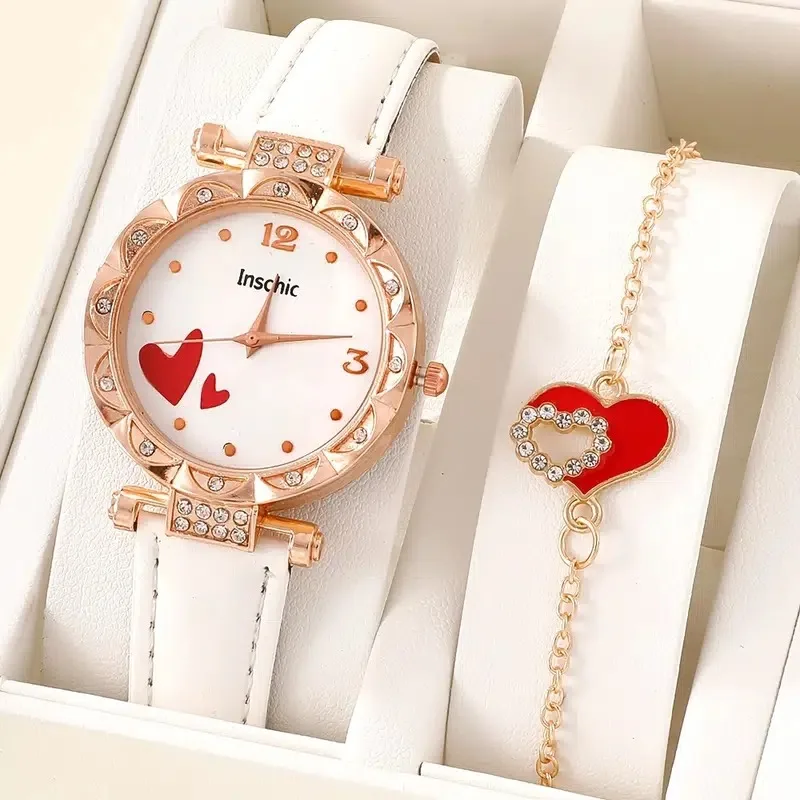 

1PC Women Watches Fashionable Round Quartz Watch +1PC Red Heart Bracelet Ladies Watch Set Fashion Gift watches for women