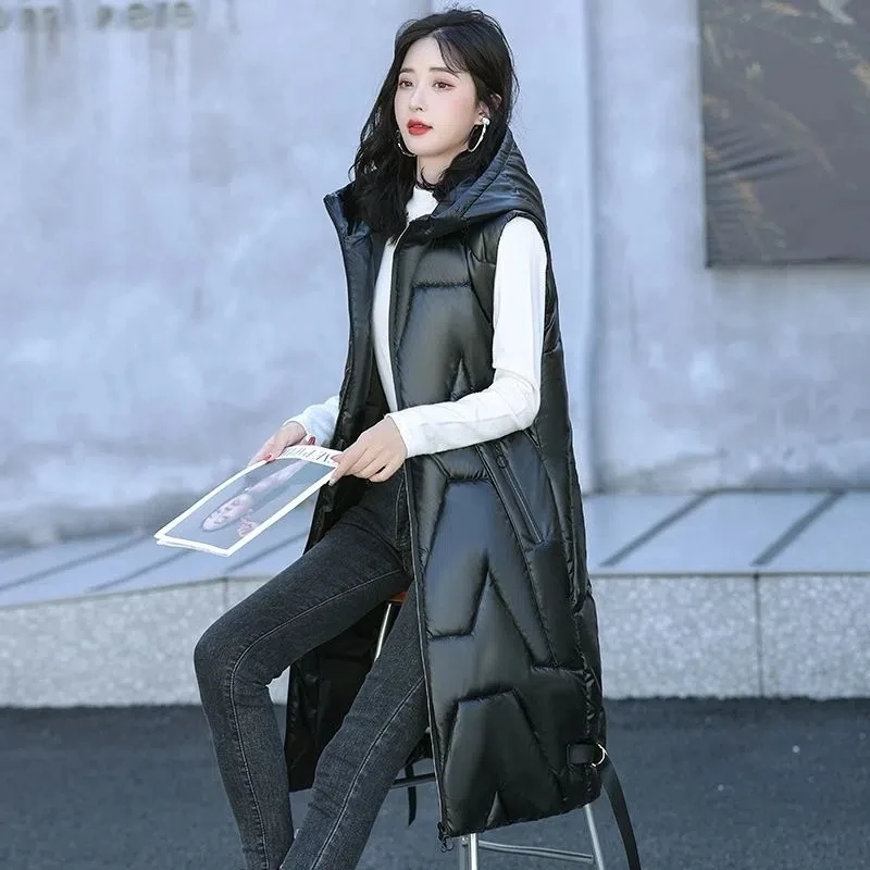 Long Hooded Down Cotton Vest 2022 Autumn Winter Jacket Vest Jackets Outwear Waistcoat Loose Fat Female's Sleeveless Coat Retro