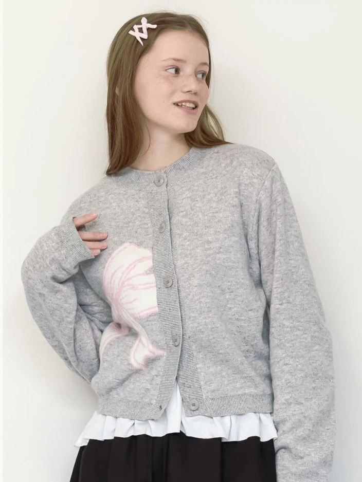 Sweet Sle RonRon  Knot Embroidered Knitted ort Cardigan Sweater Open Front Long Sve round Ne Regular Length