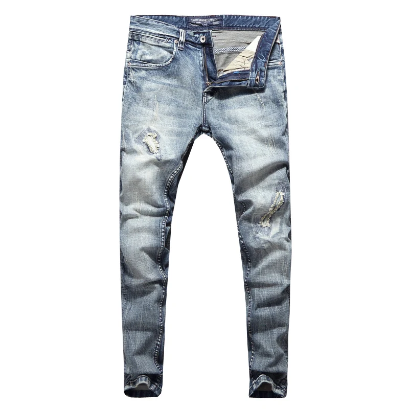 Fashion Designer Men Jeans Retro Gray Blue Slim Fit Stretch Ripped Jeans Men Patchwork Vintage Elastic Casual Denim Pants Hombre