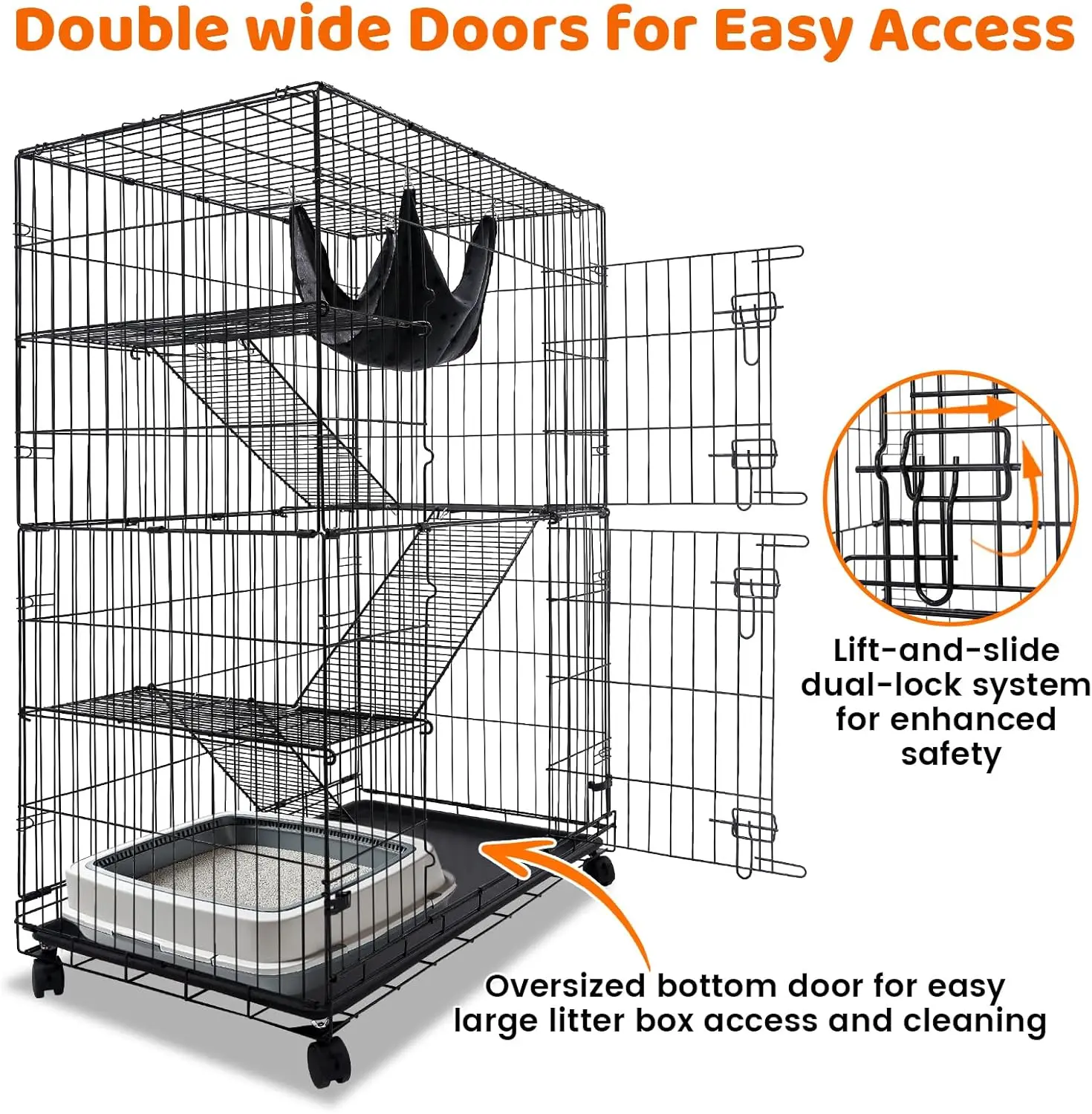 Pet 50 Inch Cat Crates for Indoor Cats, Large Cat Cages Indoor, Collapsible Metal Wire Kennel Big Multi-Level Cage