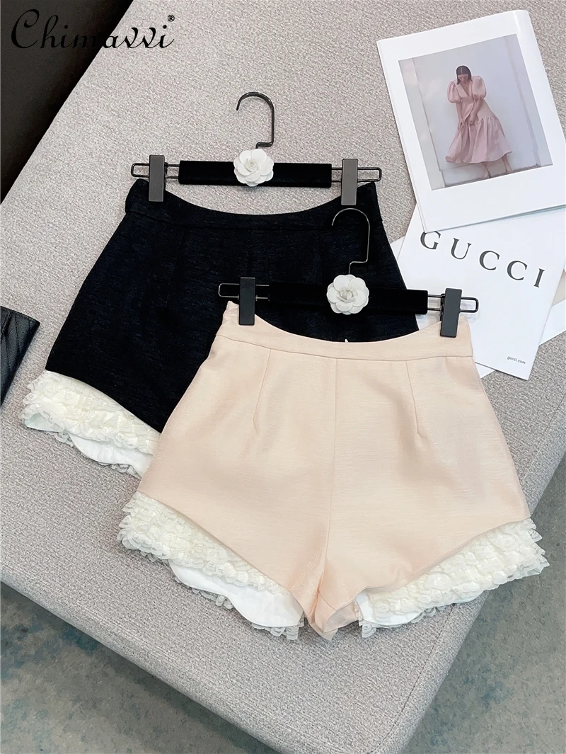 2024-spring-and-summer-new-retro-french-sweet-shorts-versatile-fashion-slimming-wide-leg-lace-edge-high-waisted-shorts-skirts