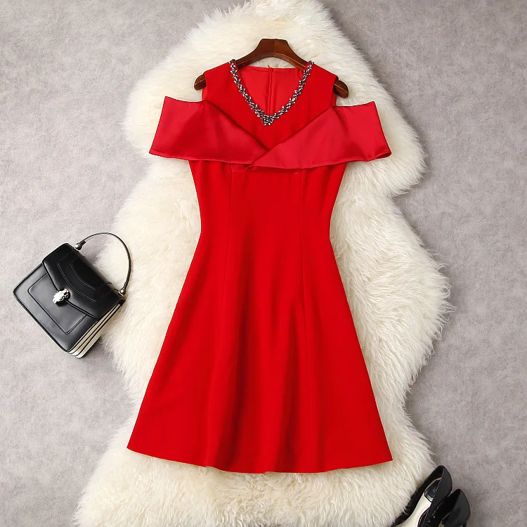 

European and American women's wear spring 2022 new Off-the-shoulder drill V collar red Fashionable slim dress
