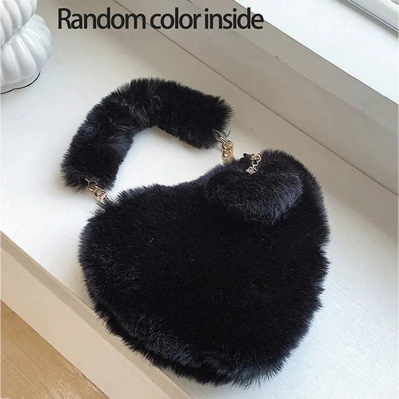 Faux Fur Heart-shaped Women Small Handbags Fluffy Plush Ladies Chain Shoulder Bag Female Furry Daily Clutch Purse