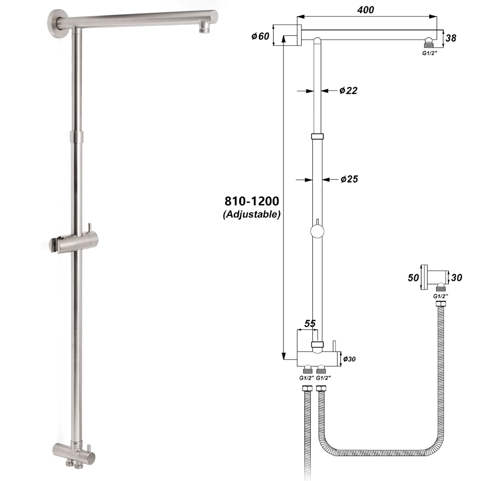 **Sydney Stock** KYLINS 8/10/12" Rain Shower Head Adjustable Sliding Rail Dual Hose 2 in 1 Set Brushed Nickel WELS WATERMARK