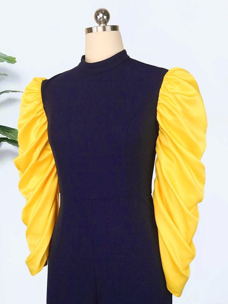 Patchwork Women Navy Blue Jumpsuits Yellow Pleated Long Sleeve High Waist Long Rompers Wide Leg Pants Overalls 4XL Big Size Fall