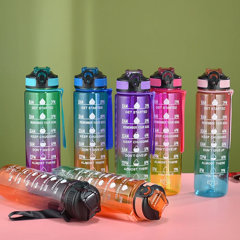 Portable Water Bottle 1L Motivational Outdoor Sport Water bottle with Time Marker Portable Reusable Plastic Cups cute sticker