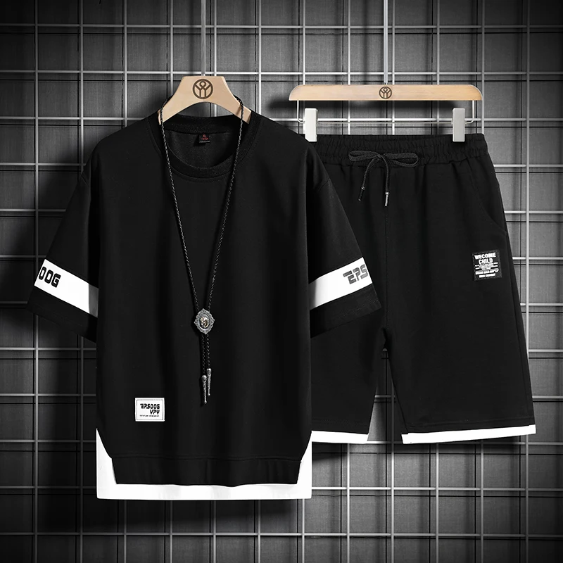 

Tracksuit Piece Hop Fashion T-shirt Color Two Outfit Shorts Men Patchwork Set Streetwear Hip Mens Summer Set Set New And