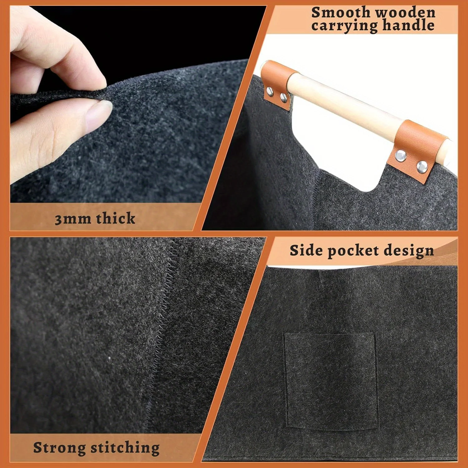 XXL Foldable Firewood Basket with Fleece Lining & Wooden Handles 5