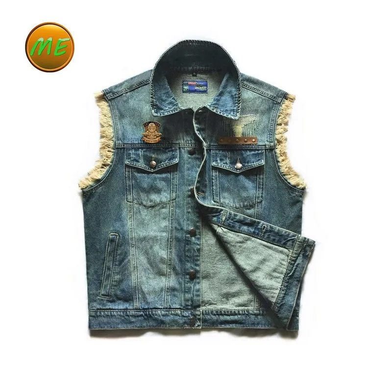 Embroidered Denim Vest Blue Jeans Patchwork Motorcycle Biker