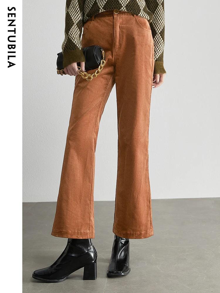 SENTUBILA Corduroy Bell Pants for Women 2023 Autumn Winter Office Ladies Bootcut Straight Pant Cotton Trousers Female 134K52505