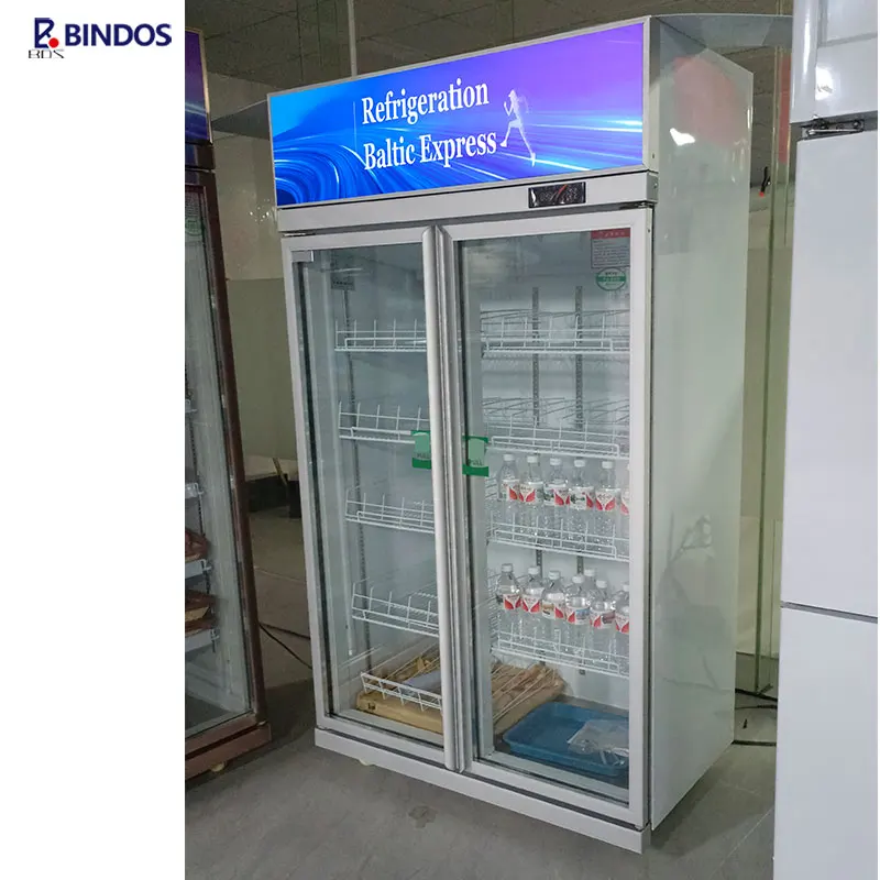 Commercial Supermarket Fruit Dink Display Fridge Two Glass Door Vertical Freezer Bar And Canteen Glass Door Display Cooler