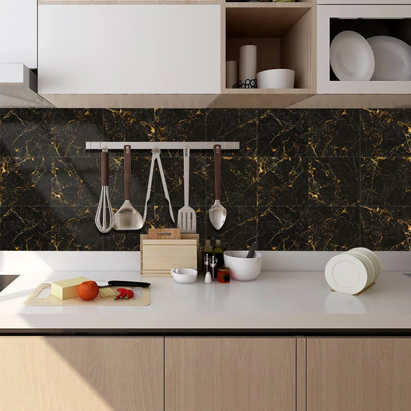 10pcsBlackGoldMarbleTilesWallStickerKitchenBacksplashBathroom