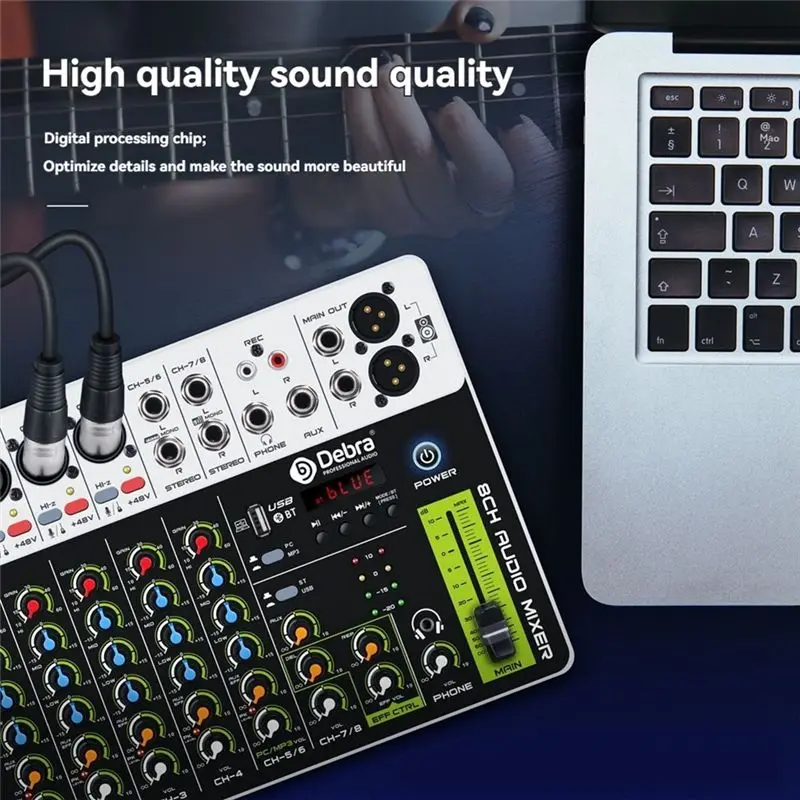 DEBRA PROFESSIONAL AUDIO V8 오디오 믹서 블루투스 USB 48V 팬텀 파워 딜레이 리피트 기능이 있는 소형 믹싱 콘솔(DJ용)