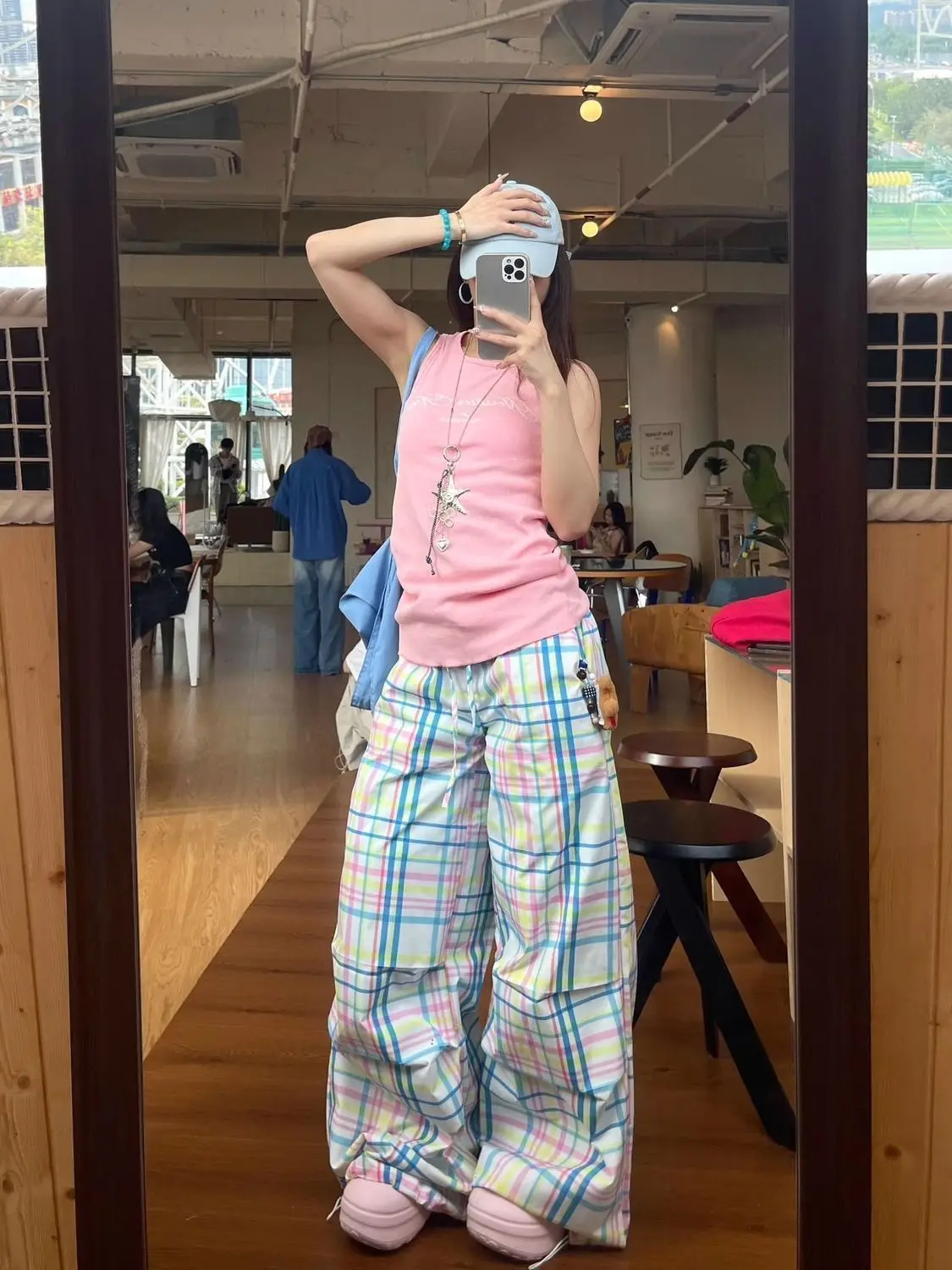 Y2K Pastel Plaid Wide Leg Cargo Pants | Drawstring Waist Baggy Trousers with Hem Toggle 90s Retro Streetwear Sweet Preppy Style