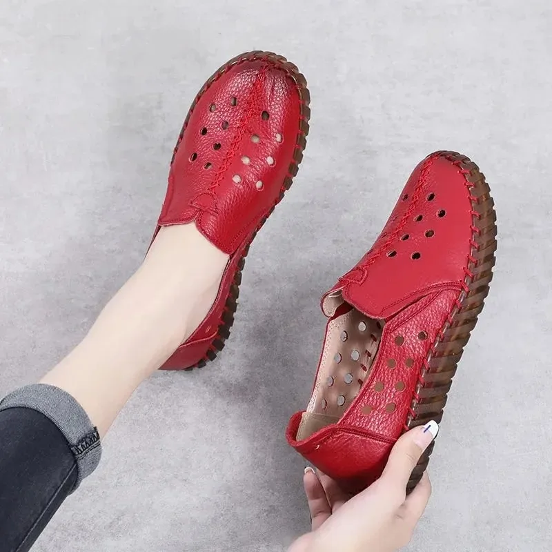 Handmade Genuine Leather Shoes Women's Luxury Brand Loafers Vintage Floral Moccasins Womans Ballet Flats Ladies Driving Shoes