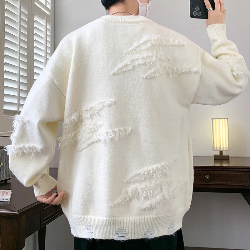 Knitted Men's Spring and Autumn Slim Fit Pullover with Round Neck Splicing Solid Color Tassel Loose Sweater Long Sleeved Tops