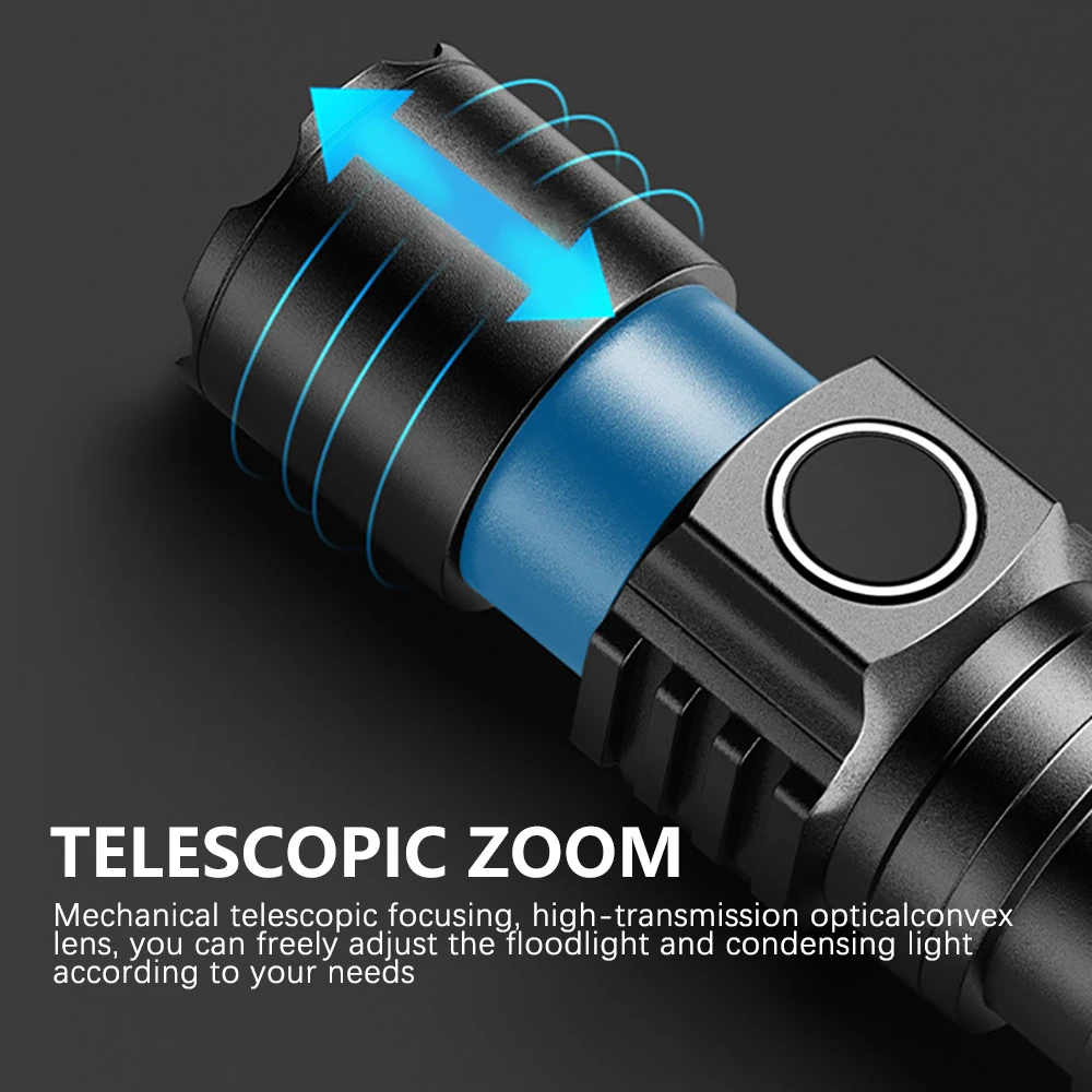 Description Picture 6 of itemPowerful LED Flashlight USB Rechargeable Zoom Torch 2000m Long Lighting Distance Spotlight 4 Modes Waterproof Outdoor Lantern