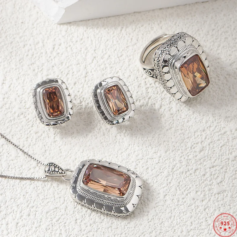 

S925 Sterling Silver Charms Rings Pendants for Women Men New Fashion Big Beige Zircon Studs Earrings Punk Jewelry Free Shipping