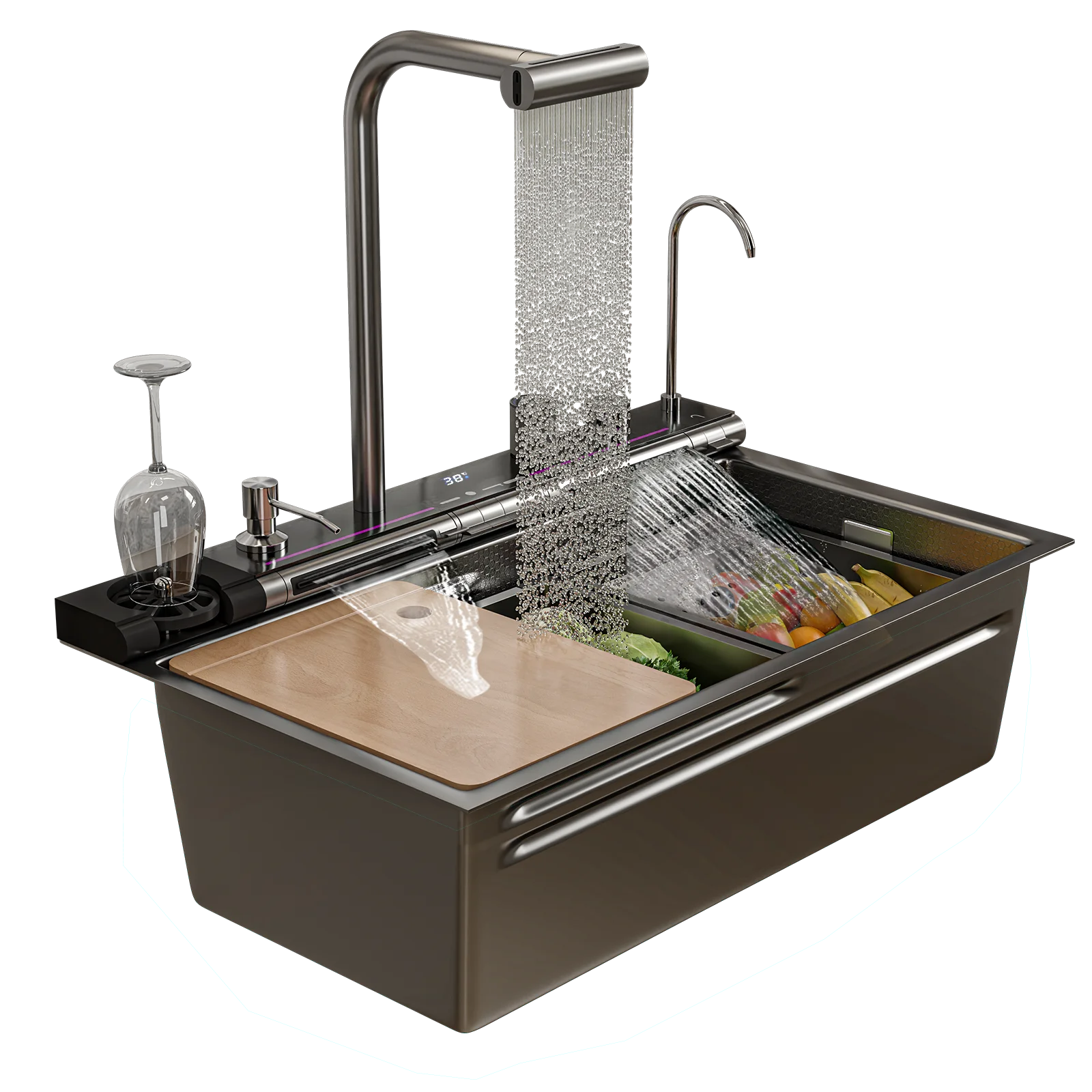 Stainless Steel Dual Waterfall Kitchen Sink Honeycomb Modern Kitchen Sink Single Bowl Digital Smart Sink with Soap Dispenser 6