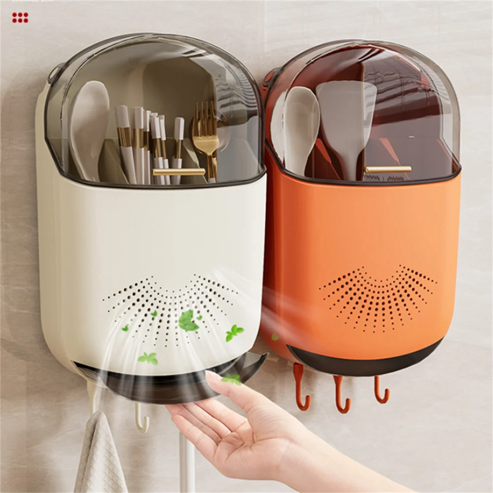

Настенная коробка для палочек для еды, вентиляционная корзина для столовых приборов, кухонный Органайзер с отверстиями для слива, нижние крючки, крышка