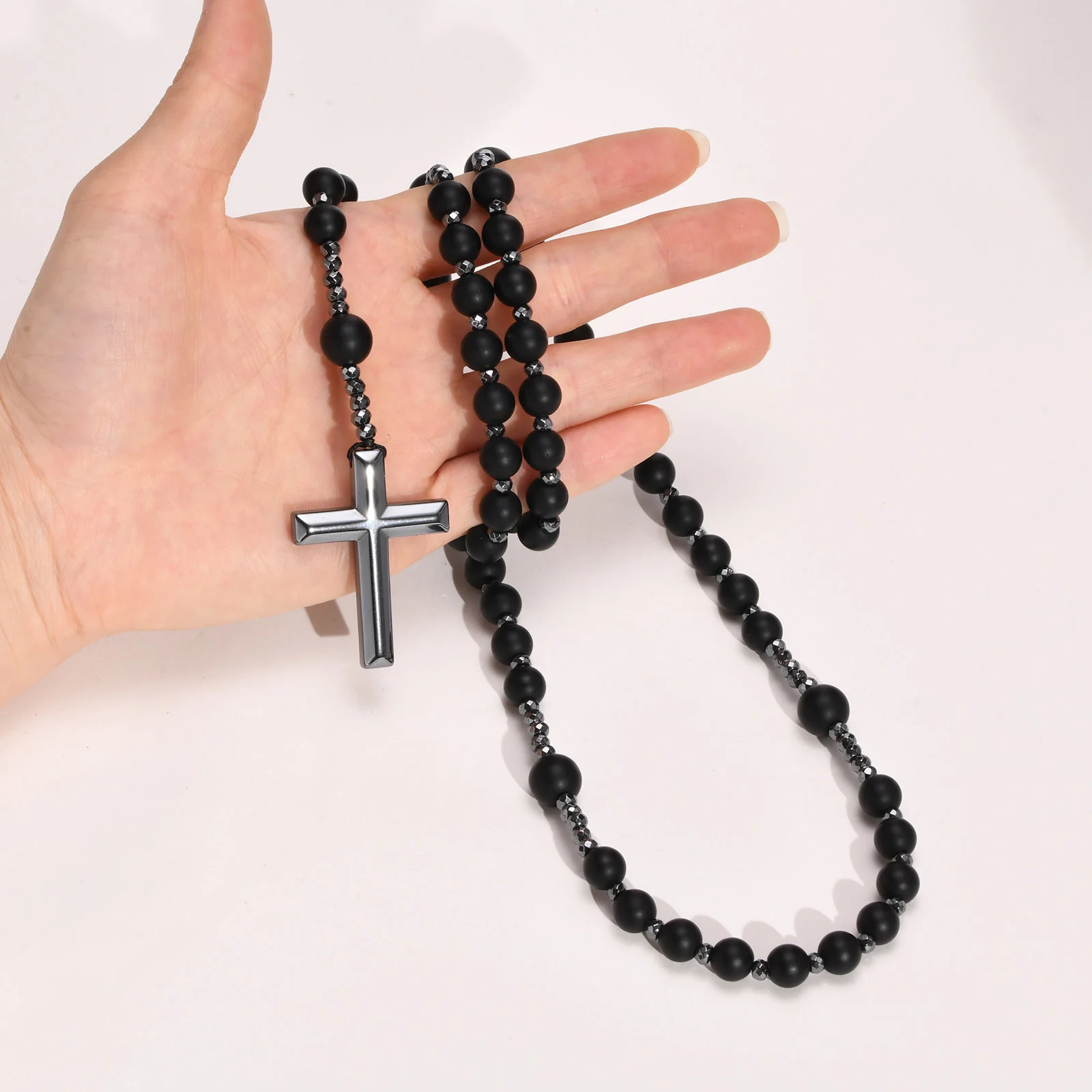 Schwarz Perlen Kreuz Rosenkranz Halsketten für Männer, Männlichen Power Balance Hämatit Kette Halskette, Religiöse Glauben Gebet Schmuck – Detail 6