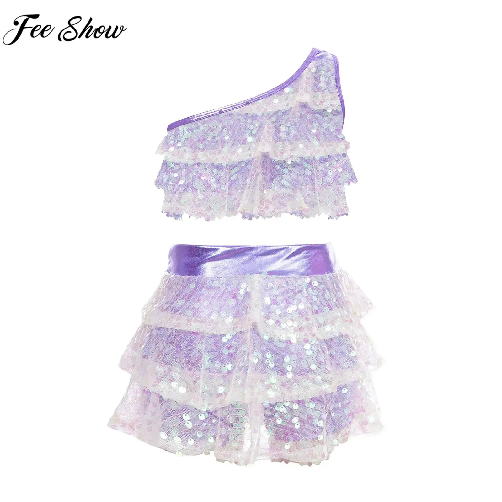 

Children Girls Shiny Sequin Crop Top with Culottes Carnival Theme Party Jazz Latin Dance Stage Performance Costume Dancewear