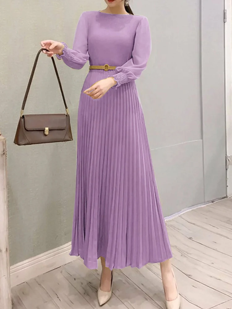 الخريف أنيقة طويلة الأكمام مطوي فستان ZANZEA المرأ...