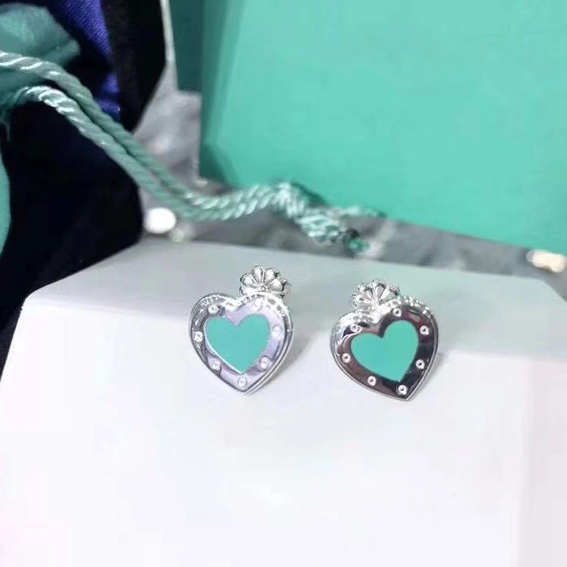 

Tifine 1:1 S925 Sterling silver classic fashion green enamel heart stud earrings, original brand women's holiday jewelry gifts