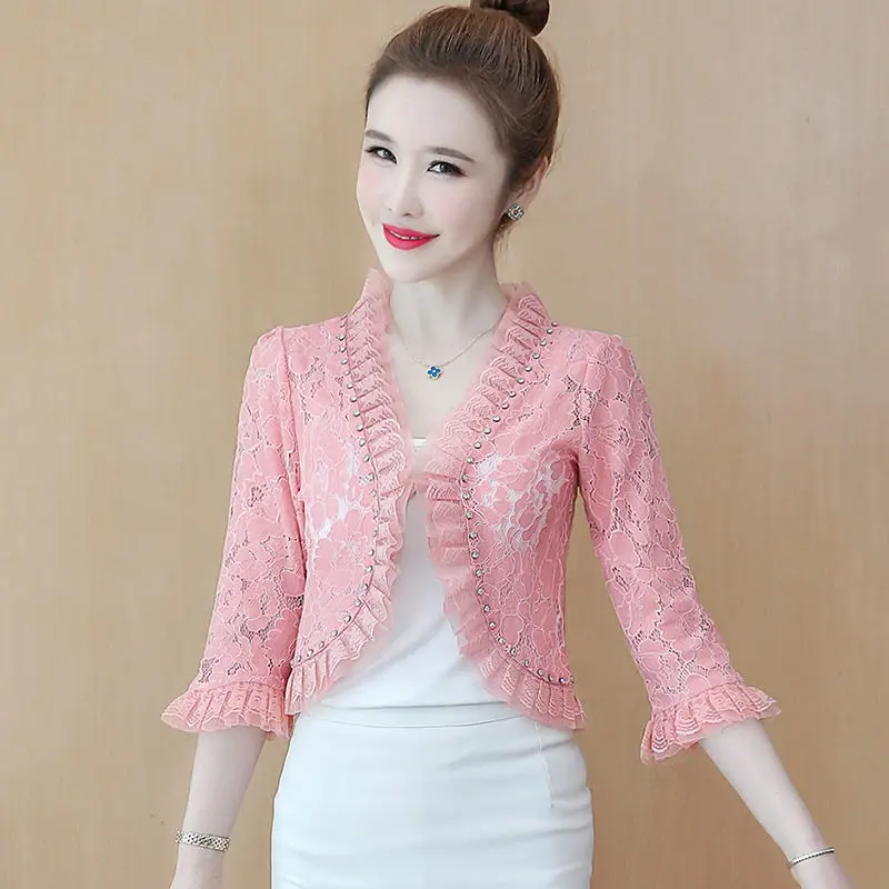 2024 Women's 3/4 Sleeve Lace Cardigan  4XL Summer Women Short Slim Tops Sun Protection Thin Shawl Coat Female E65