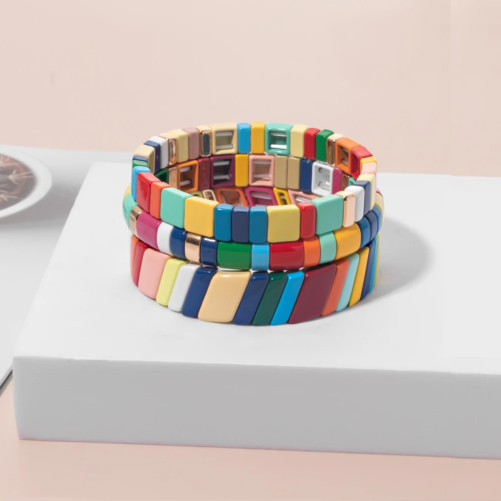 

BEUTIFOR 2022 Couple Summer And Autumn Men's And Women's Popular European Rainbow Alloy Geometric Enamel Bracelet