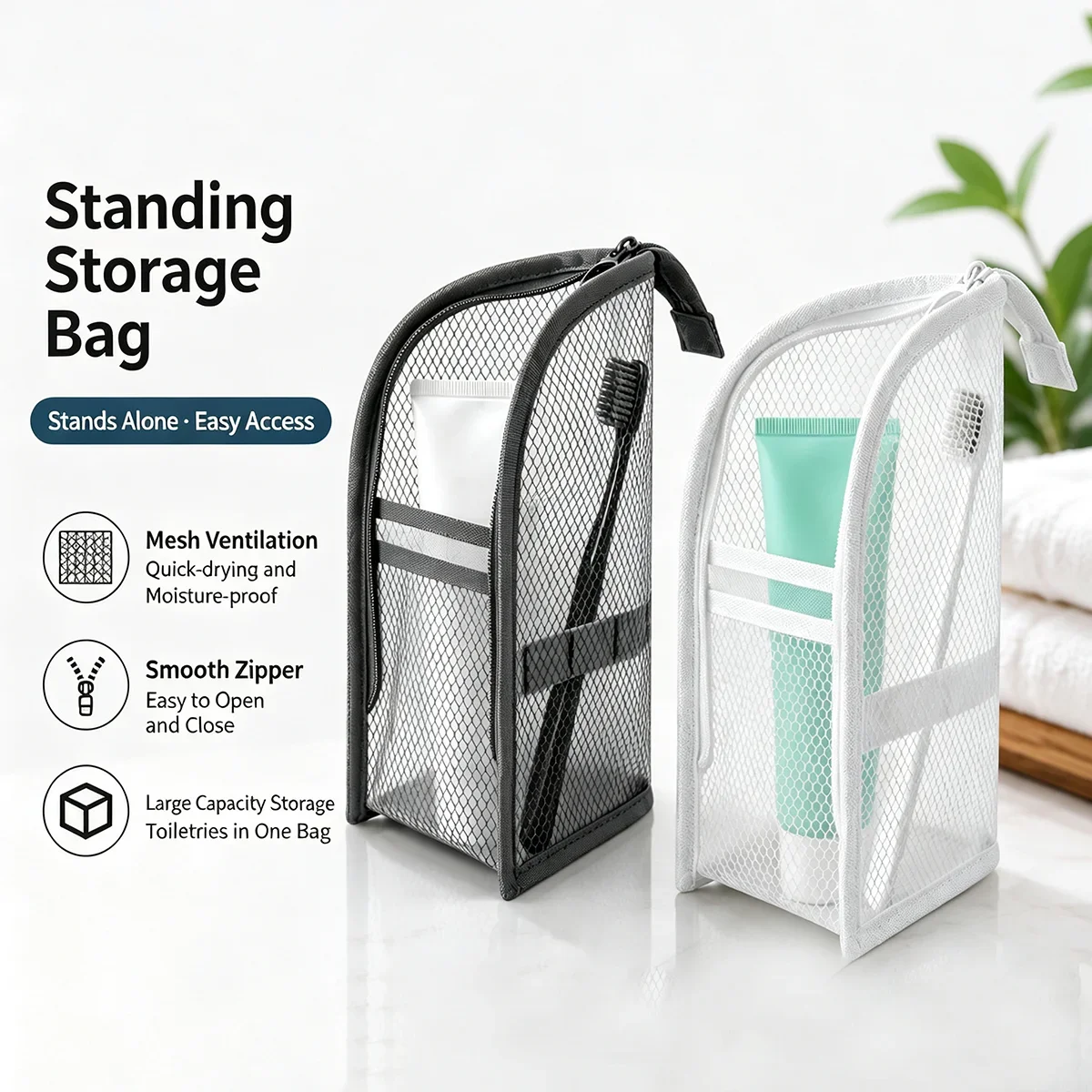 Breathable Quick-Dry Mesh Toiletry Bag with Toothbrush Case