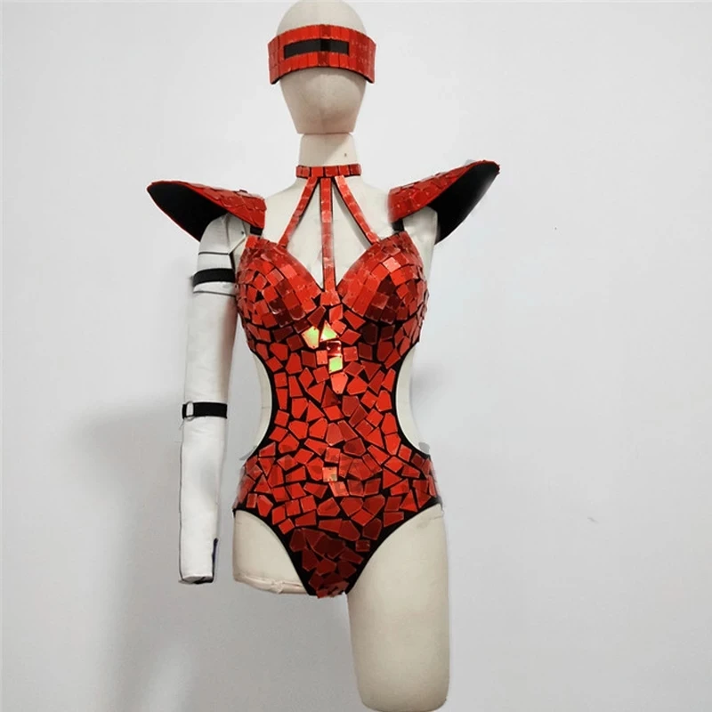 Mirror Bodysuit Women Dance Costume Gold Silver Sequins Fly Shoulder Hollow Out Rave Outfit Stage Performance Clothes Gogo Show