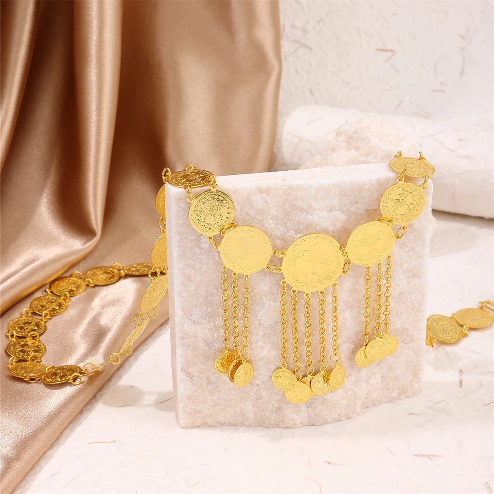 アフガンチャームレディースボディチェーン彫刻コインタッセルジプシーウエストチェーンボヘミアンエスニックベリーチェーン。 女性のためのトルコのコイン ブライダルベルト,金メッキのエスニックカフタン,結婚式のジュエリーチェーン,アラビア語の贈り物,新しい ...