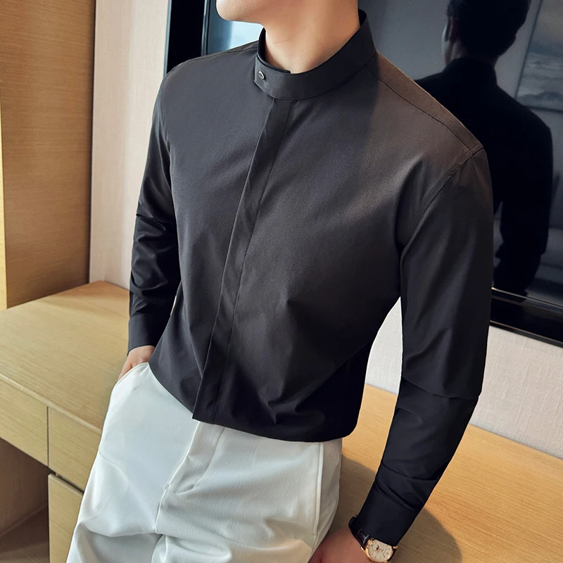 Camisa De Vestir Para Hombre 2024 - Manga Larga, Elástica Y Antiarrugas, Ajustada Con Botones, Ideal Para Bodas, Fiestas O Oficina