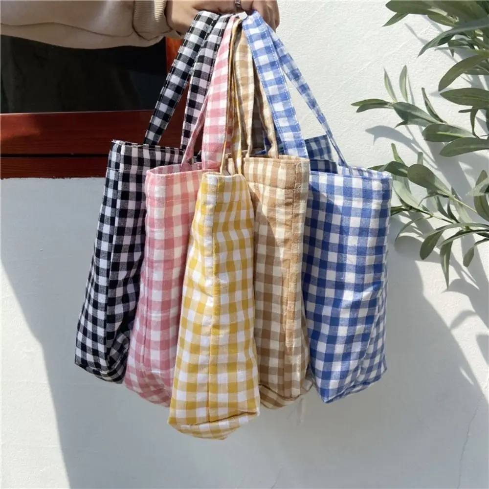 

Travel Grocery Tote Bags Fashionable Cotton Japanese Style Picnic Food Bag Plaid Handbag Picnic