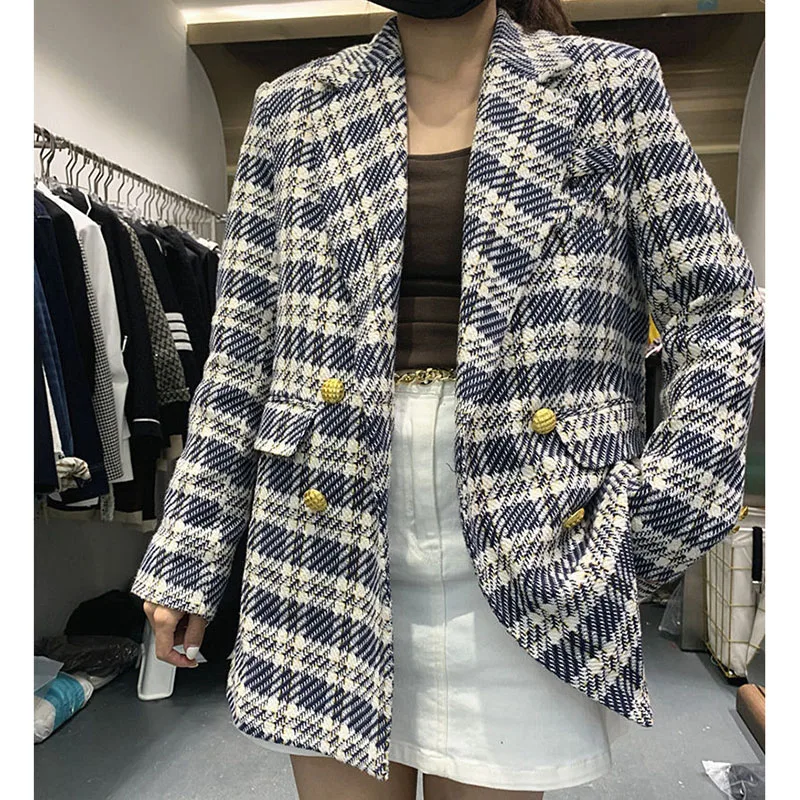 Korean Fashion Plaid Tweed Blazers Women Fall Vintage Double Breasted Quilted Cotton Suit Jacket Elegant Lady Chic Coat 2024 New