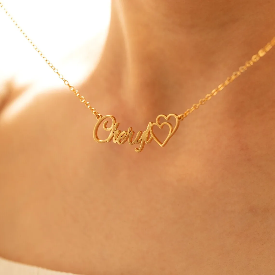 Custom Gold Color Double Heart Name Necklace Women Girl Love Jewelry Personalized Stainless Steel Nameplate Pendant Necklace