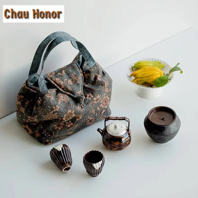 Retro Kiln Change Chestnut Brown Glaze Ceramic Tea Set Drawing Silver Tea Pot Tea Maker Kettle Portable Kung Fu Tea Set Gift Box