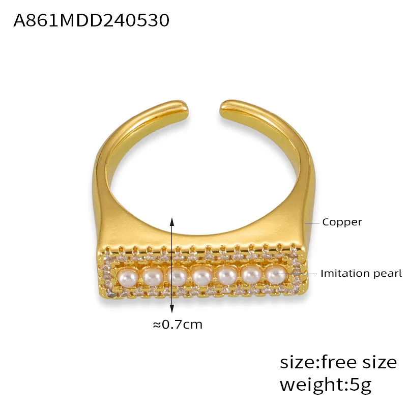 Modischer Imitationsperlen-Offener Ring für Damen, Kupfer Quadratischer Luxus-Strass-Ring, Sommerlicher Wasserfester Schmuck – Detail 2