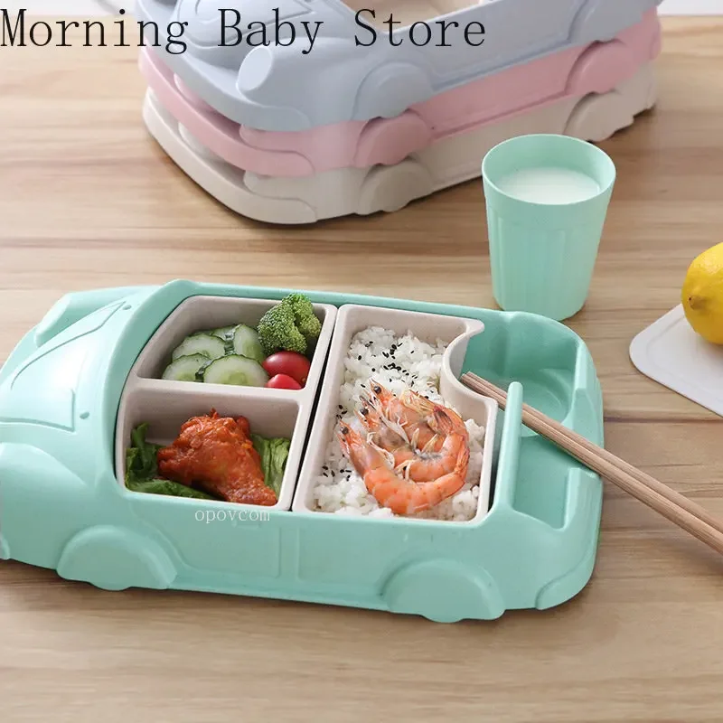 Creative Car Shape Baby Feeding Dishes Plate for Food Bamboo Fiber Baby Toddler Food Supplement Plate with Cup Tableware