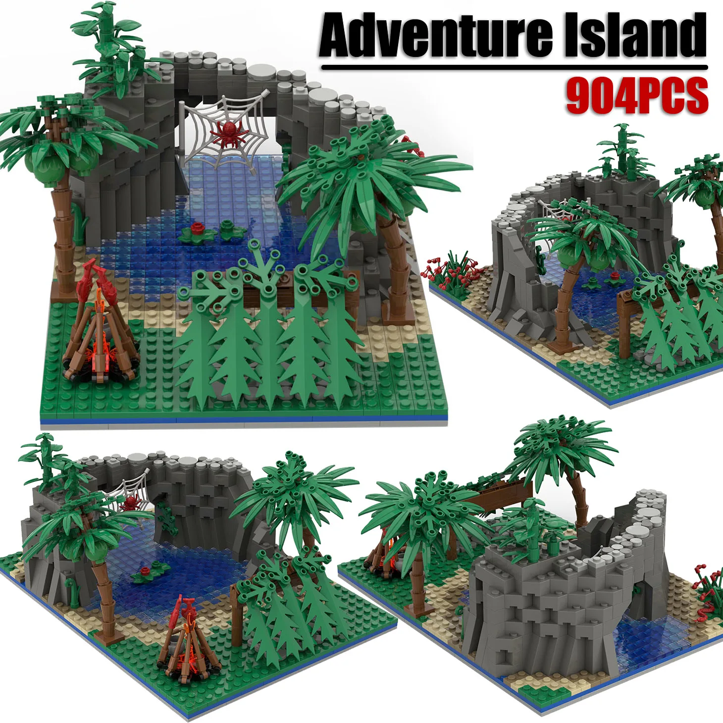 

MOC Adventure Island Jungle Building Blocks Kit Lakes Survival Wilderness Bonfire Spider River Sea Bricks Assemble Toys Gift