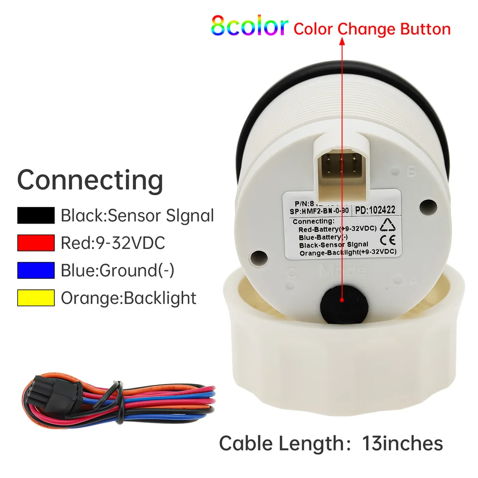 Indicatore Di Livello Carburante 52mm - Per Sensori 0-190 Ohm - Retroilluminazione Rosso/Giallo - 12V/24V