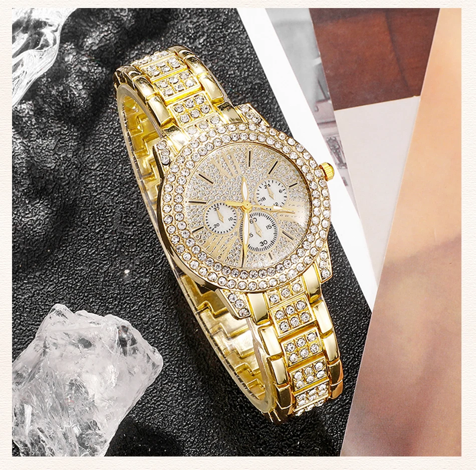 Damen Quarzuhr Gold Luxus Damen Ring Halskette Ohrring Strass Mode Armbanduhr lässig Damen Uhren Schmuck Set – Detail 7
