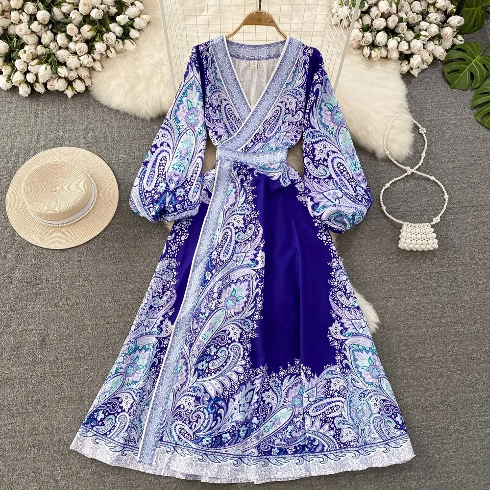 

Женское длинное пляжное платье, дизайнерское элегантное платье синего и белого цвета с принтом, V-образным вырезом, завязкой, высокой талией и рукавами-фонариками на весну и лето