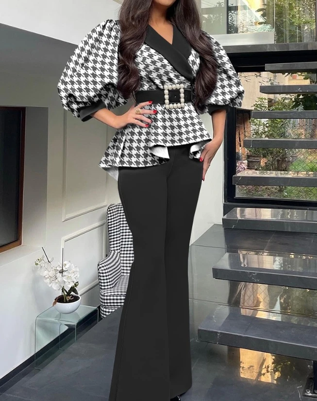 Women's Elegant Houndstooth Print Ruffles Top & Flared Pants Set Temperament Commuting Female Fashion Trousers Two Piece Outfits