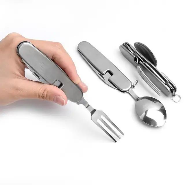 Outdoor Tableware Set Spoon Fork Knife Bottle Opener Stainless Steel 4 in 1 Foldable Camping Cutlery Set Picnic Utensil Set 1