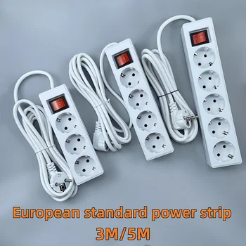 EU Home Standard German Type Power Strip 3/4/5 Sockets in Row Flat Adapter Light Switch with Surge Protector Extension Cable 3M 1