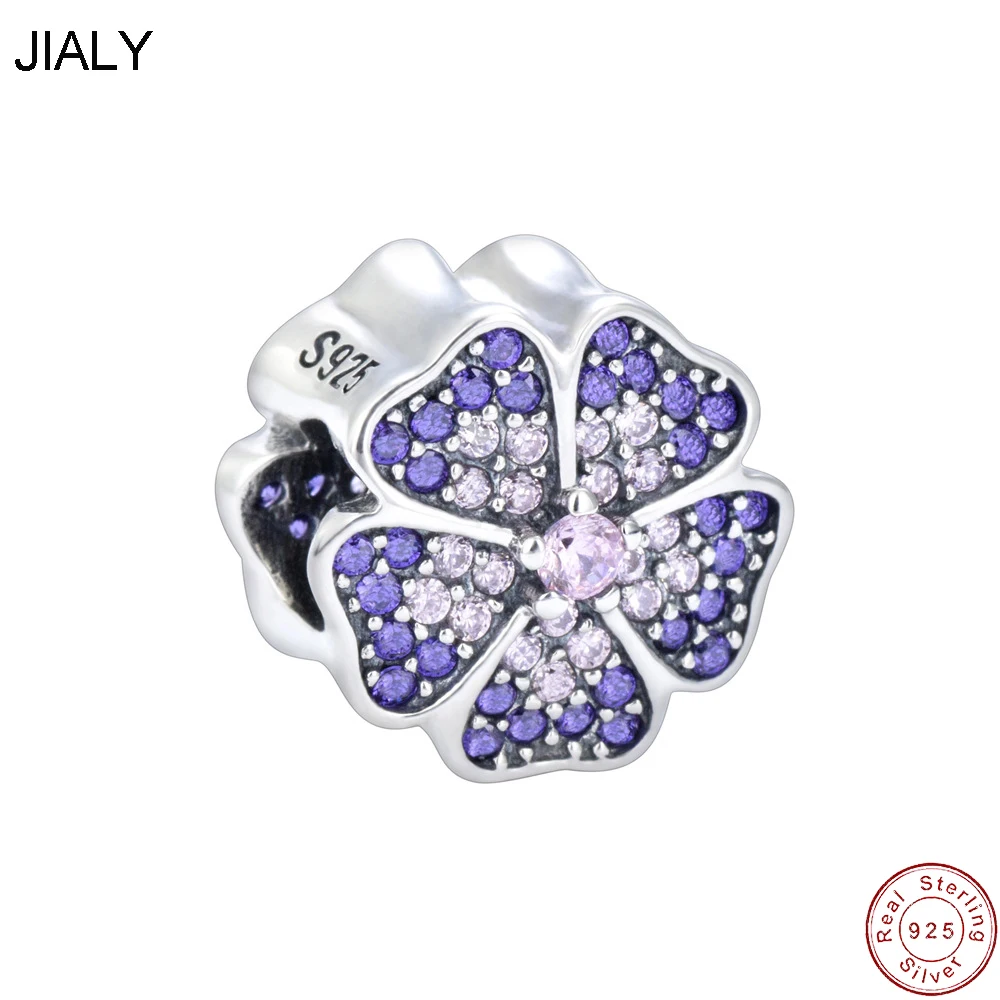 

European S925 Sterling Silver Clear AAA CZ Purple Big Flower Charm Bead For Original Women Bracelet Necklace Chain Jewelry